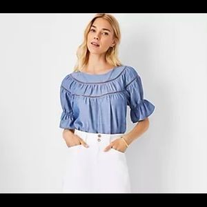 Ann Taylor Cutout Flounce Sleeve Top Blue Chambray Size Med